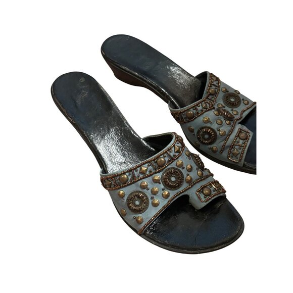 VanEli Studded Blue Leather Slip On Wedge Sandals Bronze Embellishments - Picture 3 of 8